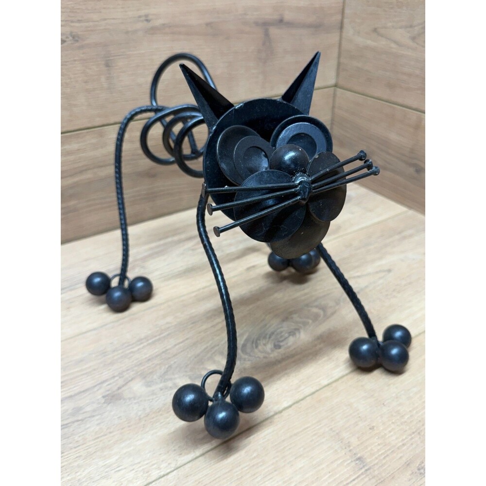 Handmade Welded 14" Black Metal Cat Sculpture Folk Art Scrap Metal Decor